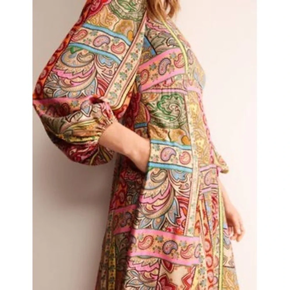 Boden Blouson Maxi Tea Dress Women 14 Pink Paisley Silk Blend‎ Flowy Cottagecore